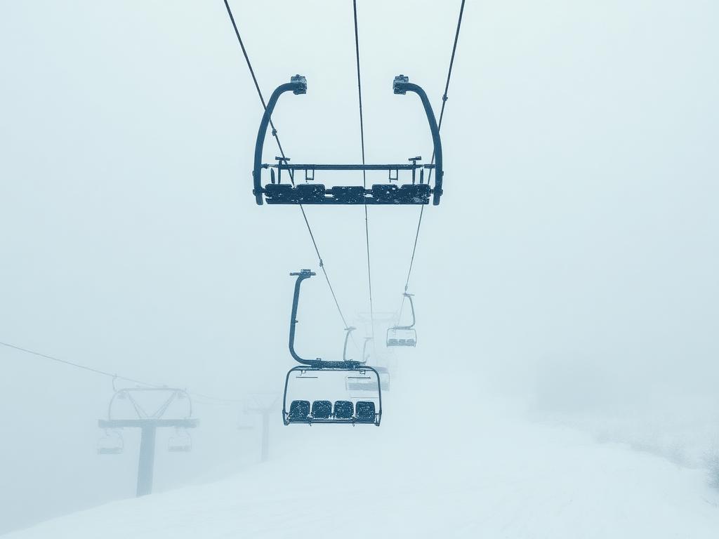 Chairlift rising into falling snow