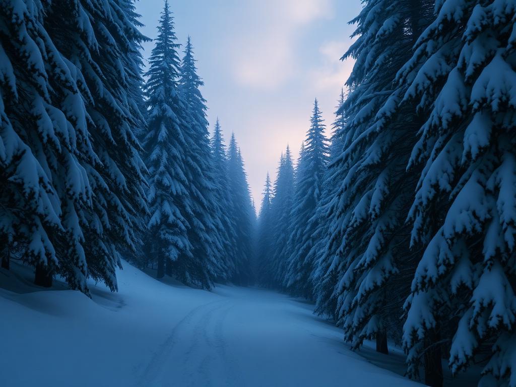 Snow-covered trail through evergreens at dawn